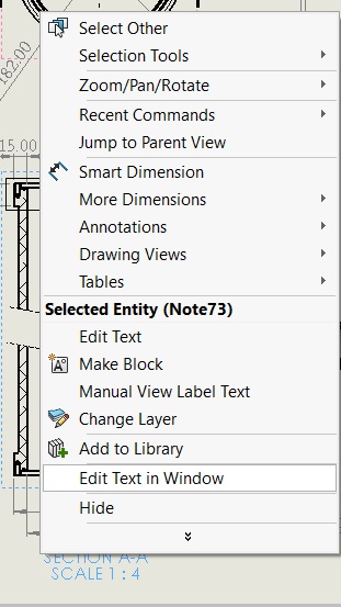 گزینه edit text in window در محیط drawing نرم افزار solidworks 2020